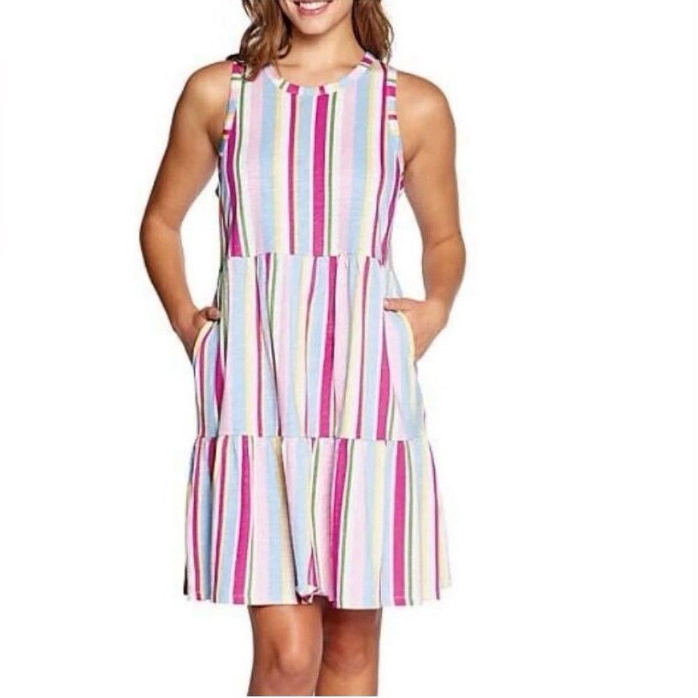 Gap Multicolor Stripe Dress Tiered Sleeveless Pockets Cotton Colorful XXL